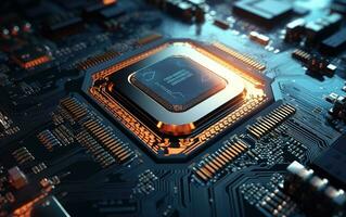 Shot of Generic Printed Circuit board with Microchips and other Components During Production Process. Electronics Manufacturing. Created with Generative AI technology. photo