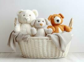 A basket of white laundry, a teddy bunny toy, a bottle of liquid detergent, washing gel or fabric softener. Mockup for washing baby clothes with copy space. Created with Generative AI technology photo