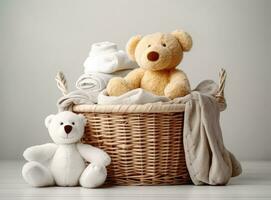 A basket of white laundry, a teddy bunny toy, a bottle of liquid detergent, washing gel or fabric softener. Mockup for washing baby clothes with copy space. Created with Generative AI technology photo