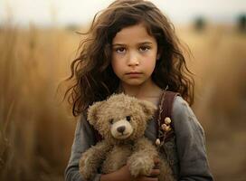 osito de peluche oso picnic contento niño niña niño participación mullido juguete con pequeño mano sentado en césped campo. linda niña amor osito de peluche oso mejor amigos abrazo participación juntos. creado con generativo ai tecnología. foto