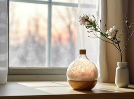 Reed diffuser and vase with bouquet on wooden nightstand in bedroom. created with Generative AI technology photo