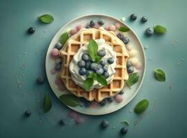 Waffles with cream cheese and fresh blueberries, healthy food, breakfast. Waffles with berries. Created with Generative AI technology. photo