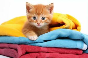 linda pequeño gatito en pila de vistoso toallas, aislado en blanco, linda jengibre gatito en pila de vistoso toallas, aislado en blanco, ai generado foto