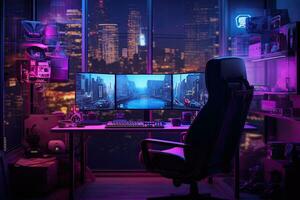 moderno computadora habitación con noche ciudad vista, 3d representación tonificado imagen, cyberpunk jugador espacio de trabajo con computadora y ratón. 3d representación, ai generado foto