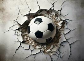 Sport soccer ball coming in cracked wall with grunge texture. Created with Generative AI technology. photo