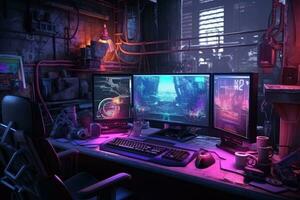 computadora habitación con un lote de equipo y luces. 3d representación, cyberpunk jugador espacio de trabajo con computadora y ratón. 3d representación, ai generado foto