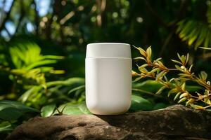blank cosmetic container mockup on tropical forest background, blank mockup, cosmetic product, Generative AI. photo