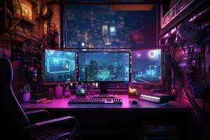 3d representación de un jugador espacio de trabajo con un lote de juego de azar equipo, cyberpunk jugador espacio de trabajo con computadora y ratón. 3d representación, ai generado foto