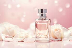 Perfume bottle with flower on light pink background, Generative AI. photo