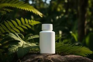 blank cosmetic container mockup on tropical forest background, blank mockup, cosmetic product, Generative AI. photo