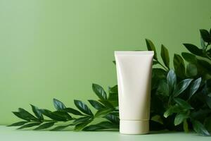 White cream tube with leaves on background, blank mockup, cosmetic product, Generative AI. photo