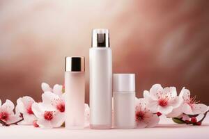 Set cosmetic product mockup with flower on pink background, Generative AI. photo