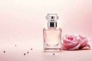 Perfume bottle with flower on light pink background, Generative AI. photo