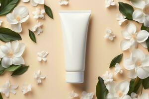 Top view of white cream tube with flower on beige background, blank mockup, cosmetic product, Generative AI. photo