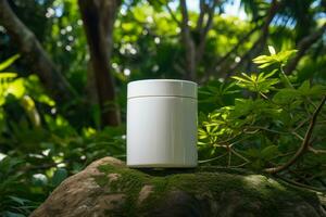 blank cosmetic container mockup on tropical forest background, blank mockup, cosmetic product, Generative AI. photo