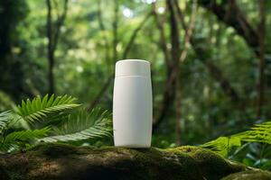 blank cosmetic container mockup on tropical forest background, blank mockup, cosmetic product, Generative AI. photo