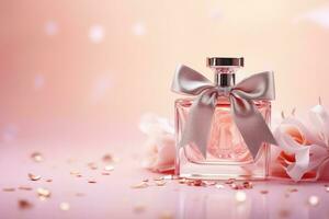 Perfume bottle with flower on light pink background, Generative AI. photo