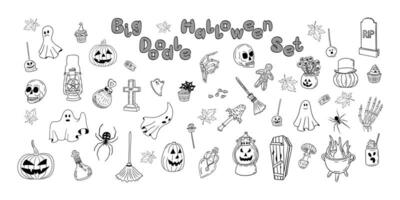 Big doodle halloween collection of hand drawn things. Sketch isolated elements for halloween party decoration. Retro holiday design vector