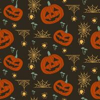 Dark theme halloween silhouette seamless pettern with pumpkings, spider webs and poisounous mushrooms on dark background. Spooky unique design for halloween decoration, textile, wrapping vector