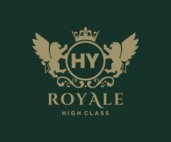 Golden Letter HY template logo Luxury gold letter with crown. Monogram alphabet . Beautiful royal initials letter. vector