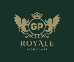 Golden Letter GP template logo Luxury gold letter with crown. Monogram alphabet . Beautiful royal initials letter. vector