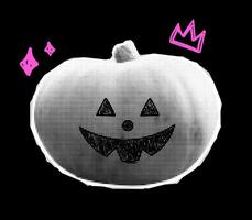 Vector crazy halftone halloween pumpkin. Illustration of 90s college halftone pumpkin, pink stars and crown. Trendy retro halftone halloween pumpkin with pink element. Jack o lantern.