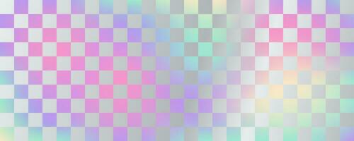 Holographic foil checkerboard background. Iridescent gradient texture. Vector chessboard geometric wallpaper. Silver and neon retro Y2k illustration