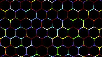 färgrik 2d lysande digital teknologi hexagonal maska bakgrund, lysande neon ljus gaming bakgrund video