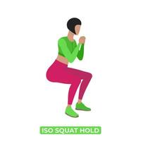 Vector Woman Doing Iso Squat Hold. Bodyweight Fitness Legs Workout Exercise. An Educational Illustration On A White Background.