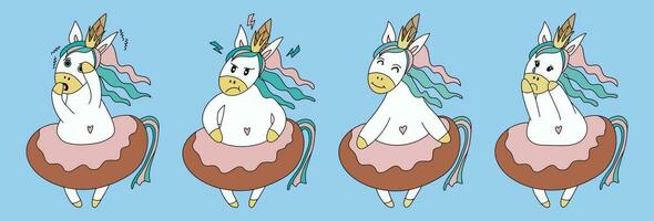 Vector set of unicorns with different emoticons. Flat design illustration. Vector illustration