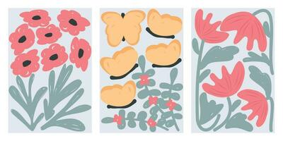 Set of abstract floral posters in contemporary minimalist style.Colorful backgrounds. Art collage vector