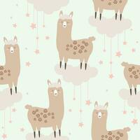 Seamless pattern with cute lama, cartoon flat vector illustration on white background. Kids design