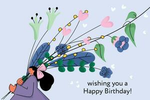 Birthday card. Girl and flowers. Greeting card vector