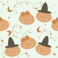 Seamless pattern with cute pumpkins, cartoon flat vector illustration on white background. Kids design