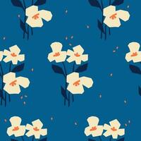 Seamless pattern with abstract flowers and leaves on a blue background vector