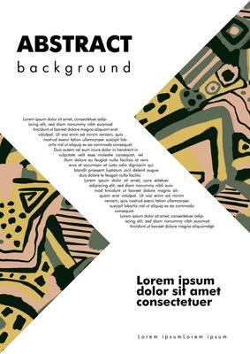 Layout template with patterned triangles. Geometric forms with colorful abstract pattern with colorful brush stroke stains. Lines, spots, dots, curves and text blocks
