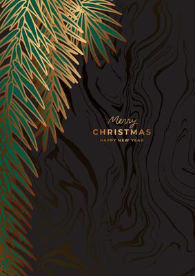 Luxury golden Christmas poster template. Gold christmas tree, pine branches. Fancy New Year black background with marble texture