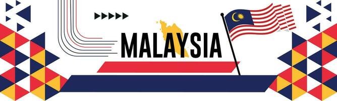 Malaysia national day banner with map, flag colors theme background and geometric abstract retro modern colorfull design with raised hands or fists. vector