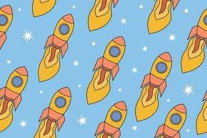 Children's space background. Seamless pattern with rockets and stars. Design of wallpaper, packaging, prints, fabrics, children's room, textiles and much more. Hand drawn illustration. Vector. vector