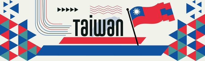 Taiwan national day banner with map, flag colors theme background and geometric abstract retro modern Red blue  design. abstract modern design. vector