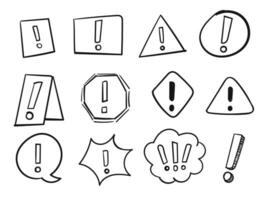 Hand drawn exclamation mark, alert sign set. doodle exclamation point, warning, hazard vector