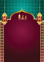 Islamic pink and blue ornamental greeting card with arabic pattern and decorative arch frame vector