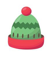 Green and red winter hat with a pattern and pompon. New Year's headdress made of wool for cold weather. Isolated on white background. Vector illustration.