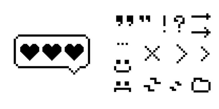 Comic game pixel art speech balloon vector. Dialog cloud with heart, folder, cross and quote mark. Retro chat icon element set. Think frame bubble isolated vintage label with thought line clipart. vector