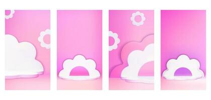 Pink daisy chamomile flower podium stories vector design set. 3d vertical floral cute cosmetic product nature pedestal layout. Empty realistic presentation scene with candy color platform backdrop.