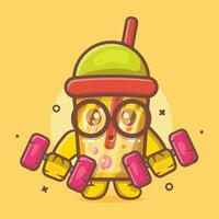 cute bubble tea drink character mascot doing bodybuilding using dumbbell isolated cartoon in flat style design vector