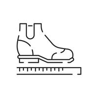 Shoemaker line icon. Shoes on heels measurement of length, dimensions and size chart for client in shops or stores. Minimalist vector in flat style.