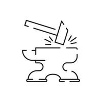 Blacksmith line icon. Crafting anvil with hammer line art vector icon for games and websites.