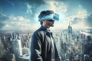 Young man with virtual reality headset or 3d glasses over cityscape background, Digital composite of Man wearing virtual reality headset against cityscape with buildings, AI Generated photo