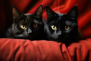Two black cats with yellow eyes on red background, close-up, Cute red cat and black cat lying on sofa, closeup, AI Generated photo